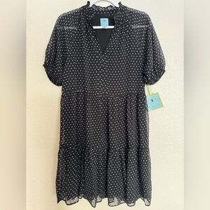NWT Cece Chiffon Ruffle Dress Women's Small Black White Polka Dot Babydoll New